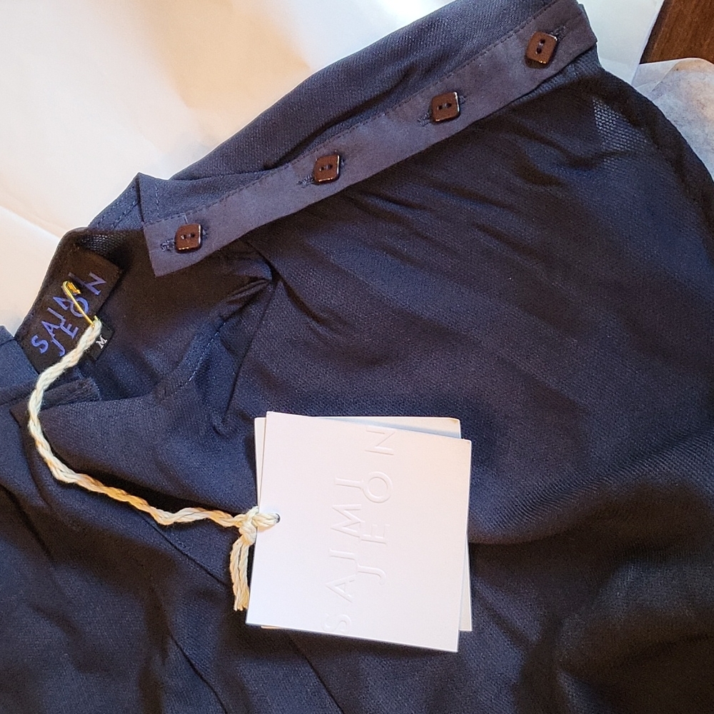 Saimi Jeon Mock Neck Side Tie Blouse In Navy Size Medium - Picture 8 of 12